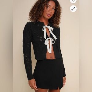 Lulus Beloved Energy Black Pointelle Knit Tie-Front Cropped Cardigan